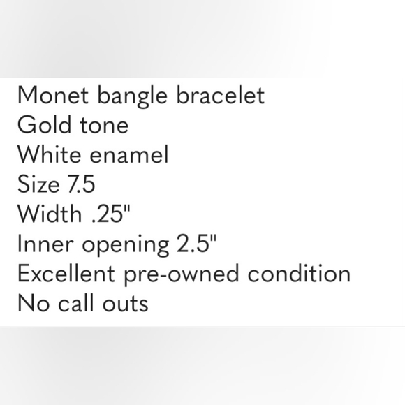 Monet Bangle Bracelet GoldTone White Enamel Size7.5 Width .25" Inner Opening2.5" - Picture 3 of 3